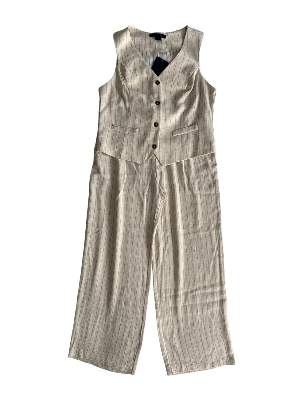 TULLEA NWT Women’s Linen Blend Oatmeal Pinstriped Vest & Wide Leg Pants Set M
